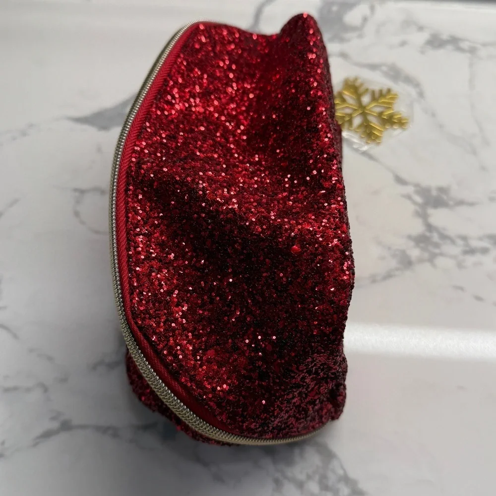 Christmas Holiday Red glitter cosmetic zip bag with gold snowflake charm new